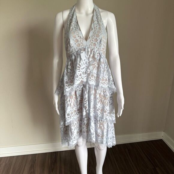 BCBGMAXAZRIA Blue Ruffle Lace Halter Dress - Picture 3 of 10